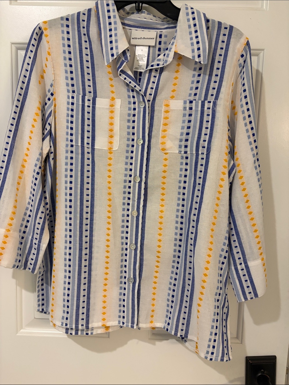 Alfred Dunner White Shirt with Blue & Yellow Vertical Stripe Pattern